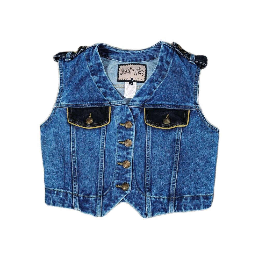 Vintage Street Wear Cropped Jean Vest Medium USA Made Two Tone Western Denim - Picture 1 of 8